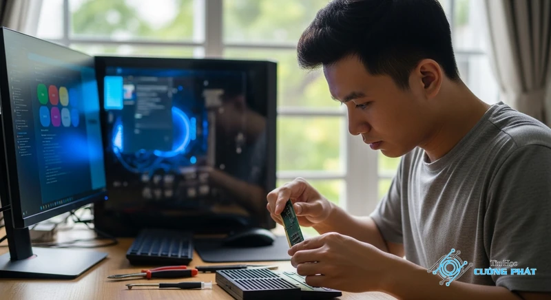 nhấn nút nguồn máy tính sáng đèn rồi tắt ngay
