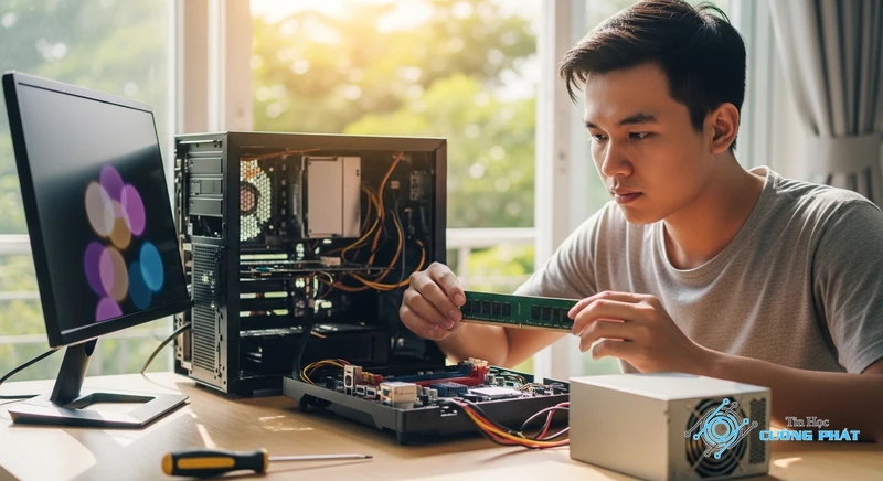 nhấn nút nguồn máy tính sáng đèn rồi tắt ngay