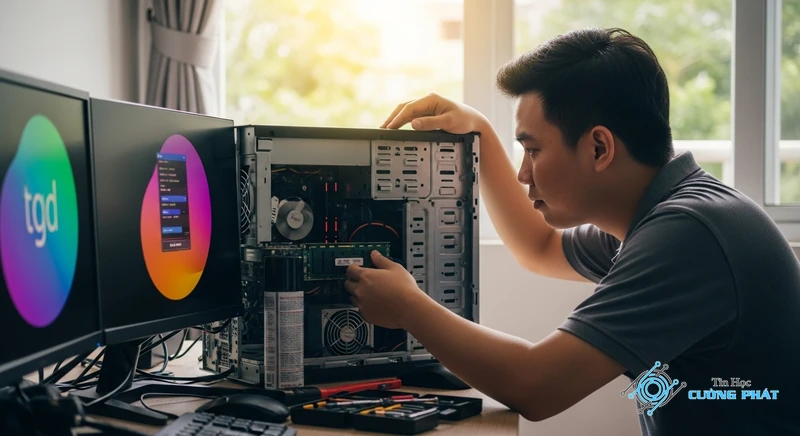 nhấn nút nguồn máy tính sáng đèn rồi tắt ngay